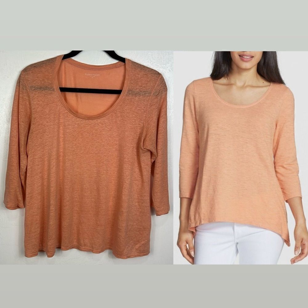 Eileen Fisher Scoop Neck Linen 3/4 Sleeve Top In Nectar Size XS